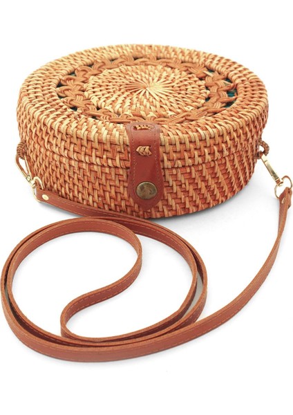 El Yapımı Hasır Rattan Desenli Yuvarlak Kutu Çanta