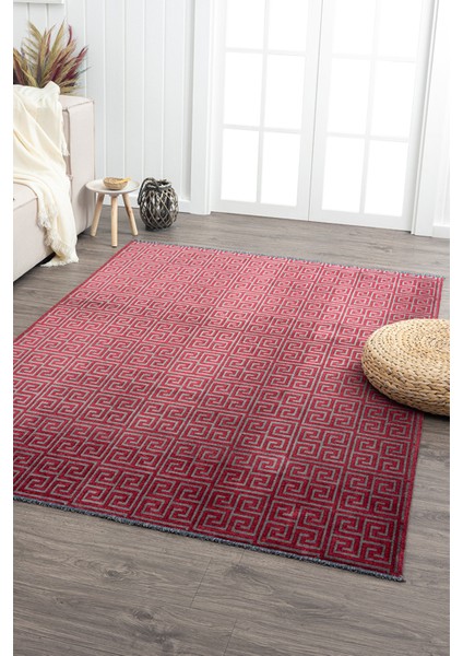 Ares Kırmızı Antrasit Halı Yıkanabilir Kaymaz Taban Şönil Kilim Dokuma Pamuk Taban Kilim NV04