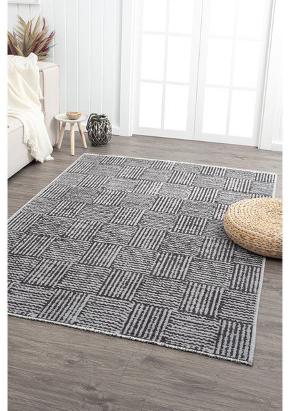 Ares Gri Antrasit Halı Yıkanabilir Kaymaz Taban Şönil Kilim Dokuma Pamuk Taban Kilim NV01 50 x 80 cm