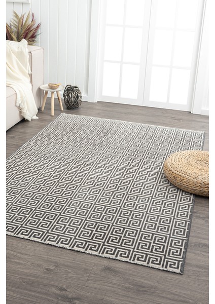 Ares Antrasit Krem Halı Yıkanabilir Kaymaz Taban Şönil Kilim Dokuma Pamuk Taban Kilim NV05 50 x 80 cm