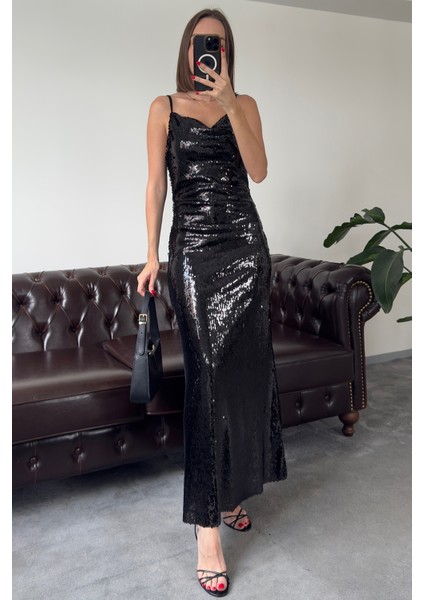 Askılı Özel Seri Pul Payetli Elbise- Siyah