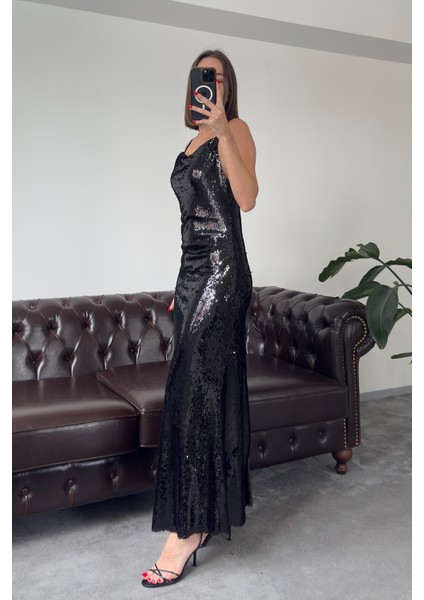 Askılı Özel Seri Pul Payetli Elbise- Siyah fiyatları