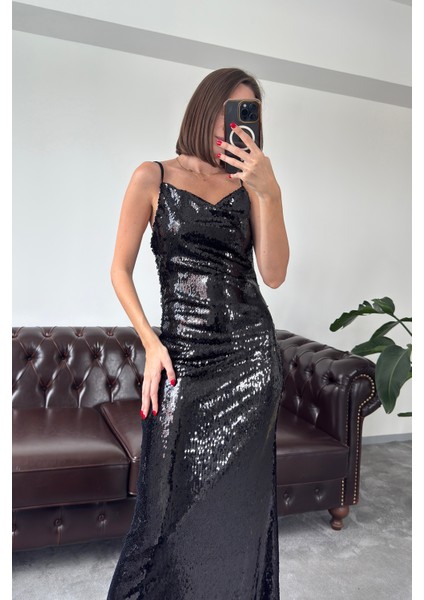 Askılı Özel Seri Pul Payetli Elbise- Siyah fırsatları