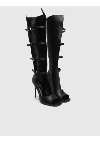 Junee Hakiki Deri Siyah Kadın Topuklu Çizme