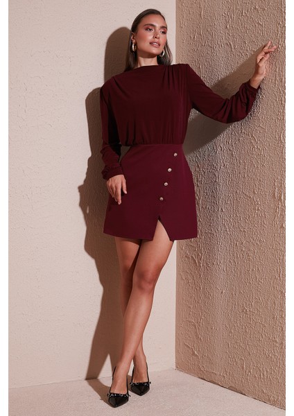 Vatkalı Regular Fit Yırtmaç Detaylı Dik Yaka Mini Boy Elbise Bayan Elbise 611EL751