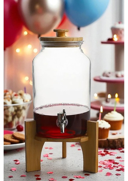 Alvara Bambu Kapaklı ve Standlı Musluklu Cam Sebil Şerbetlik Limonatlık 4 Litre