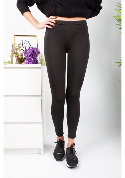 Kadın Şardonlu Dalgıç Kumaş Normal Bel Siyah Tayt
