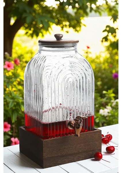 Lunara Bambu Kapaklı Ahşap Altlıklı Kare Musluklu Cam Sebil Şerbetlik Limonatlık 6 Litre