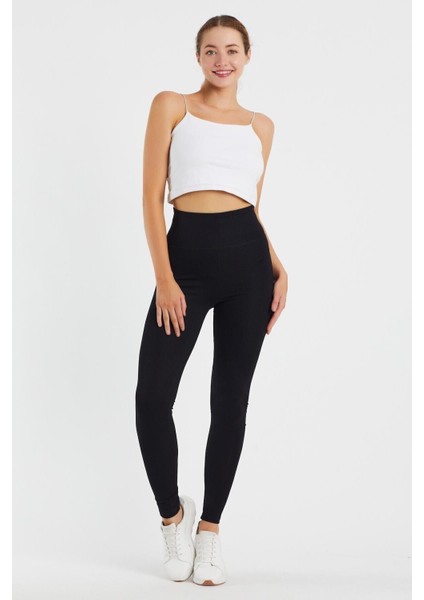 Çelik Örme Siyah Yüksek Bel Toparlayıcı Kalın Kemerli Tayt 357450