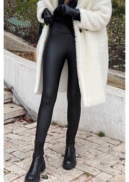 Siyah Mat Deri Içi Şardonlu Yüksek Bel Toparlayan Tayt