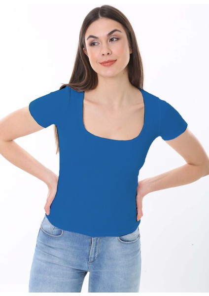 Kadın Mavi Kısa Kol Kare Yaka T-Shirt Bluz Fitilli Kaşkorse
