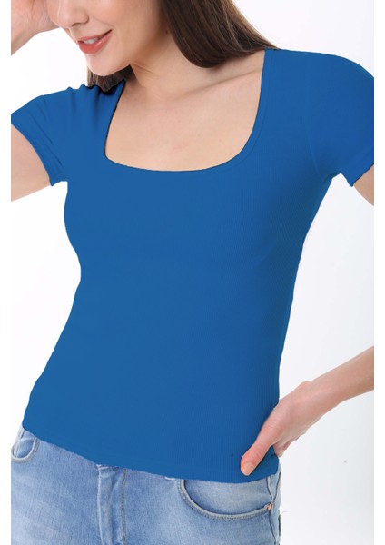 Kadın Mavi Kısa Kol Kare Yaka T-Shirt Bluz Fitilli Kaşkorse fiyatları