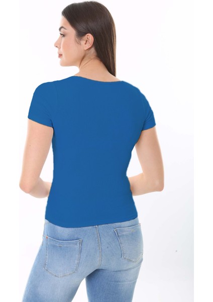 Kadın Mavi Kısa Kol Kare Yaka T-Shirt Bluz Fitilli Kaşkorse fırsatları