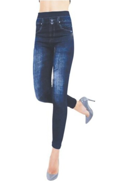 Kadın Mavi Kışlık Kot Görünümlü Likralı Tayt