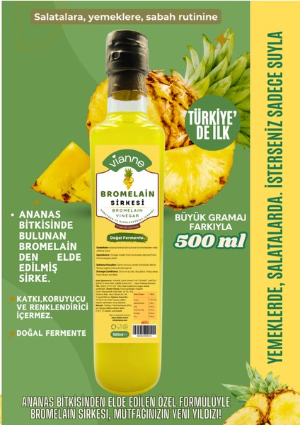 Doğal Fermente Bromelain Sirkesi 500 ml - Katkı, Koruyucu İçermez
