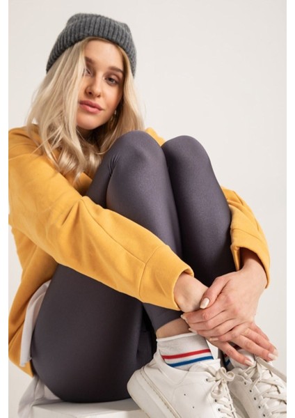 Kadın Antrasit Gri Yüksek Bel,günlük ve Sporda Kullanım Iç Göstermez Toparlayıcı Parlak Disco Tayt indirimleri