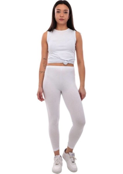 Kadın Beyaz Penye Elastan Düz Desensiz Yüksek Bel Tayt