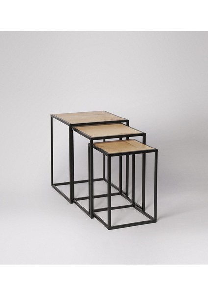 Beck Siyah Metal Ahşap Üçlü Zigon Sehpa