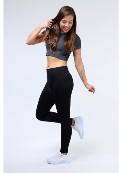 Yüksek Bel Toparlayıcı Siyah Fitilli Spor Tayt