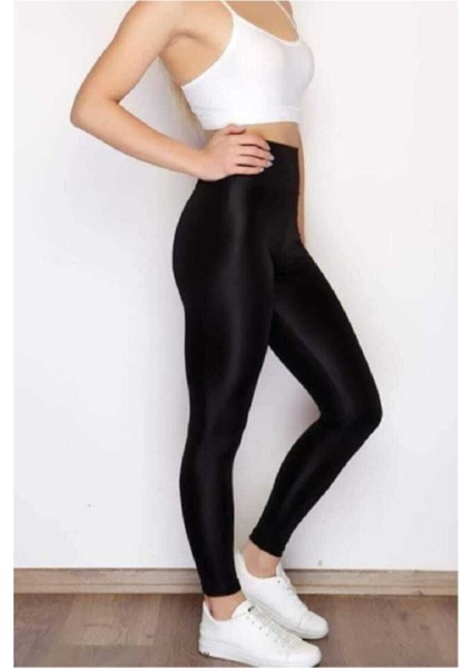 Kadın Siyah Parlak Yüksek Bel Toparlayıcı Disko Tayt