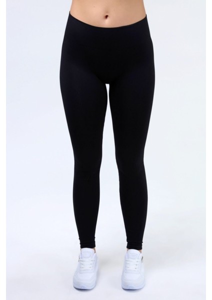 Yüksek Bel Toparlayıcı Siyah Fitilli Spor Tayt