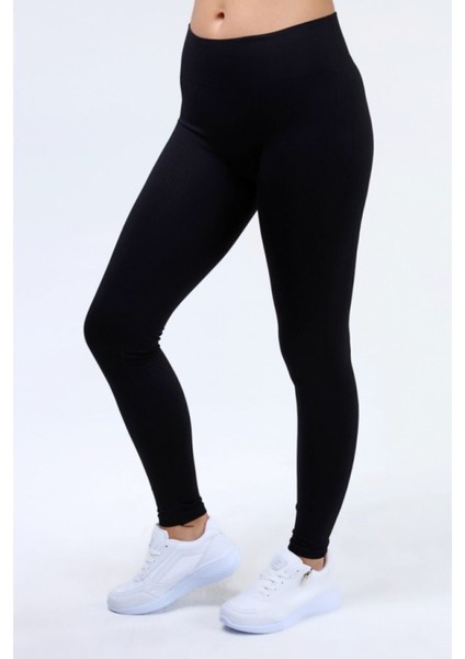 Yüksek Bel Toparlayıcı Siyah Fitilli Spor Tayt