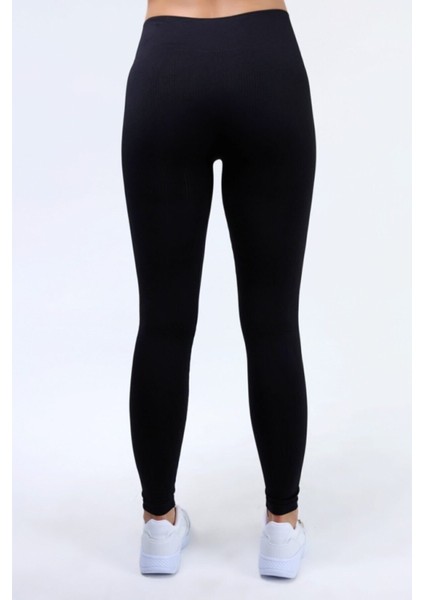 Yüksek Bel Toparlayıcı Siyah Fitilli Spor Tayt