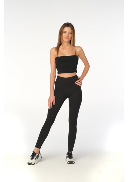 Siyah Yüksek Bel Toparlayıcı Çelik Örme Tayt