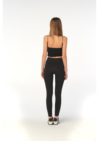 Siyah Yüksek Bel Toparlayıcı Çelik Örme Tayt