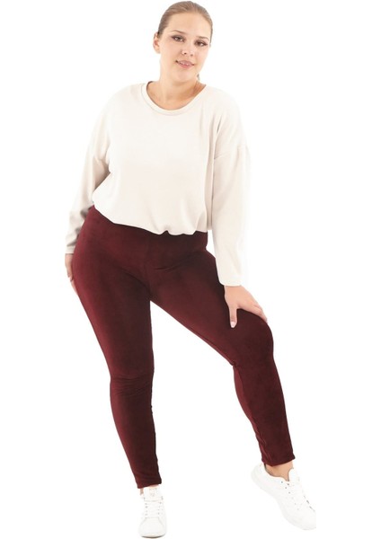 Büyük Beden Bordo Fitilli Kadife Tayt