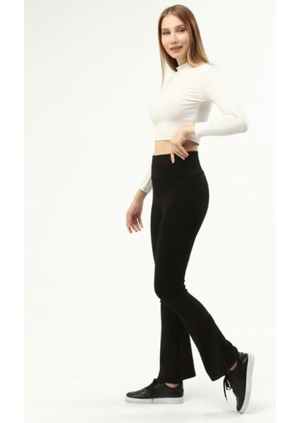 Kadın Yüksek Bel Ispanyol Paça Çelik Interlok Tayt Pantolon