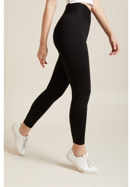 Kadın Siyah Yüksek Bel Çelik Örme Tayt [3848]