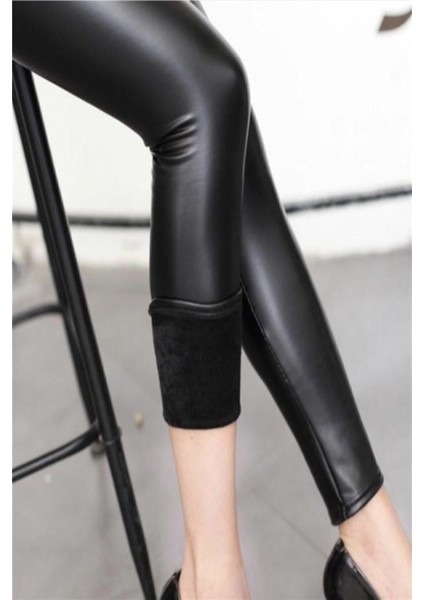 Kadın Yüksek Bel Içi Şardonlu Deri Tayt