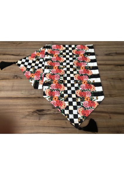 Damalı Çiçekli Dikey Çizgili Desenli Runner