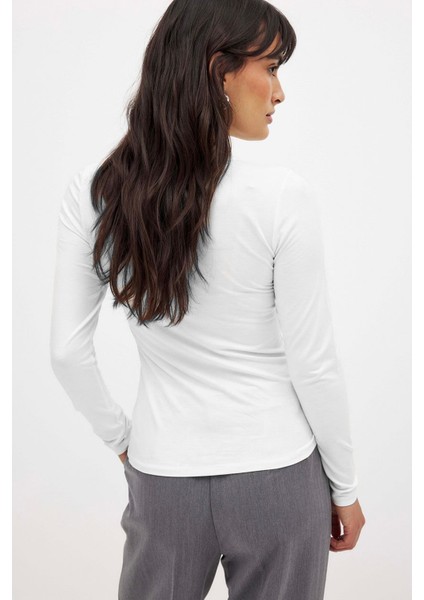 Kadın Beyaz Uzun Kollu Bisiklet Yaka T-Shirt Bluz Body Ribana modelleri