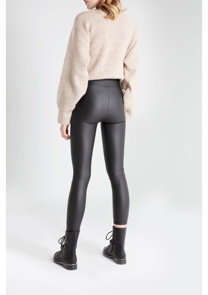 Kömür - Dışı Mat Deri Içi Polarlı Yıkanabilir Düz 7/8 Boy Siyah Tayt - 20013 fiyatları