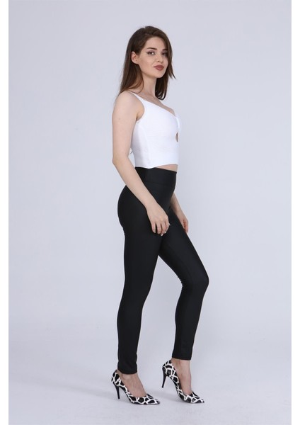 Siyah Yüksek Bel Toparlayıcı Şardonlu Mat Deri Tayt fiyatları