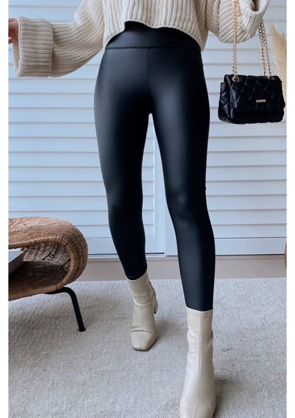 Kadın Siyah Yüksek Bel Mat Deri Tayt fiyatları