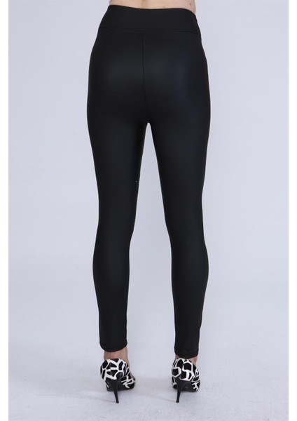 Siyah Yüksek Bel Toparlayıcı Şardonlu Mat Deri Tayt fırsatları