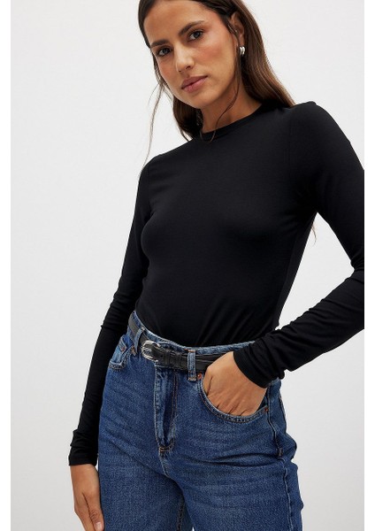 Kadın Siyah Uzun Kollu Bisiklet Yaka T-Shirt Bluz Body Ribana