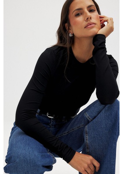 Kadın Siyah Uzun Kollu Bisiklet Yaka T-Shirt Bluz Body Ribana fiyatları