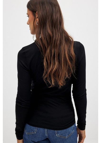 Kadın Siyah Uzun Kollu Bisiklet Yaka T-Shirt Bluz Body Ribana fırsatları