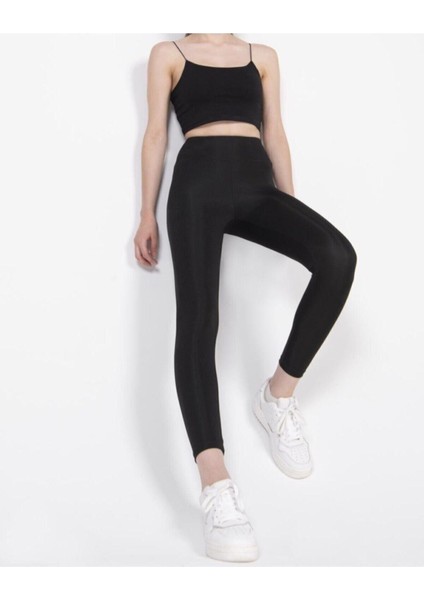 Kadın Siyah Disko Yüksek Bel Toparlayıcı Günlük Spor Şık Rahat Push Up Slim Fit Parlak Disco Tayt