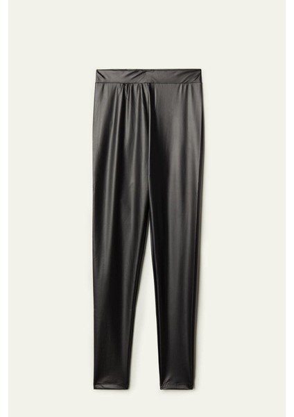 Kadın Yüksek Bel Toparlayıcı Ince Mat Deri Tayt - Siyah