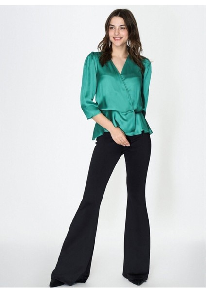 Kadın Siyah Ispanyol Paça Yüksek Bel Tayt Pantolon