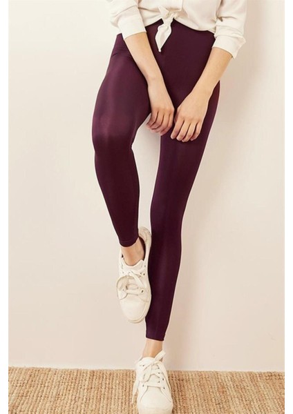 Kadın Mürdüm Yüksek Bel, Günlük ve Sporda Kullanım Iç Göstermez Toparlayıcı Parlak Disco Tayt