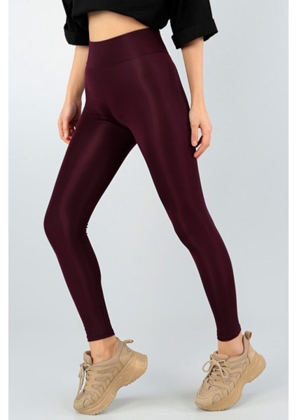 Kadın Mürdüm Yüksek Bel, Günlük ve Sporda Kullanım Iç Göstermez Toparlayıcı Parlak Disco Tayt modelleri