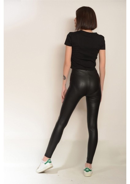 Kadın Elastan, Toparlayıcı, Fit Görüntü, Ince Yazlık Deri, Siyah Tayt