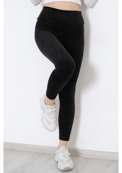 Kadın Yüksek Bel Kalın Kemerli Kışlık Kadife Tayt Siyah - 10318.1582.