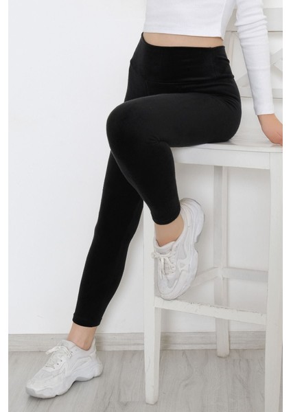 Kadın Yüksek Bel Kalın Kemerli Kışlık Kadife Tayt Siyah - 10318.1582. fırsatları